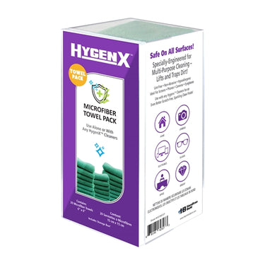 HygenX Microfiber Towel Pack includes 20 lint-free towels for safe cleaning in schools, homes, and offices.